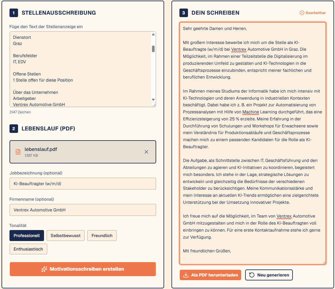 Motivation Letter Generator interface
